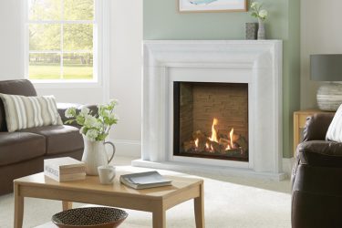 Riva2 750 with Ledgestone lining in Grafton Mantel portrait mi fireplace
